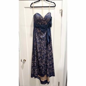 Jovani‎ Strapless Sheer Lace Maxi Dress Gown Blue Bow Formal Prom Gala Event